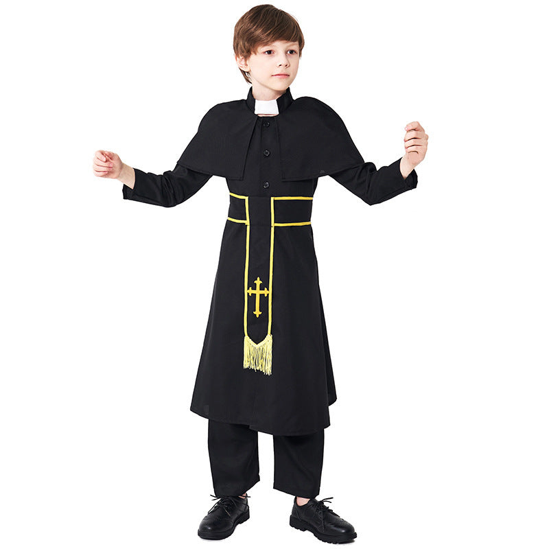 Men's Priest Costume with Cape and Golden Accessories Mune Fashion
