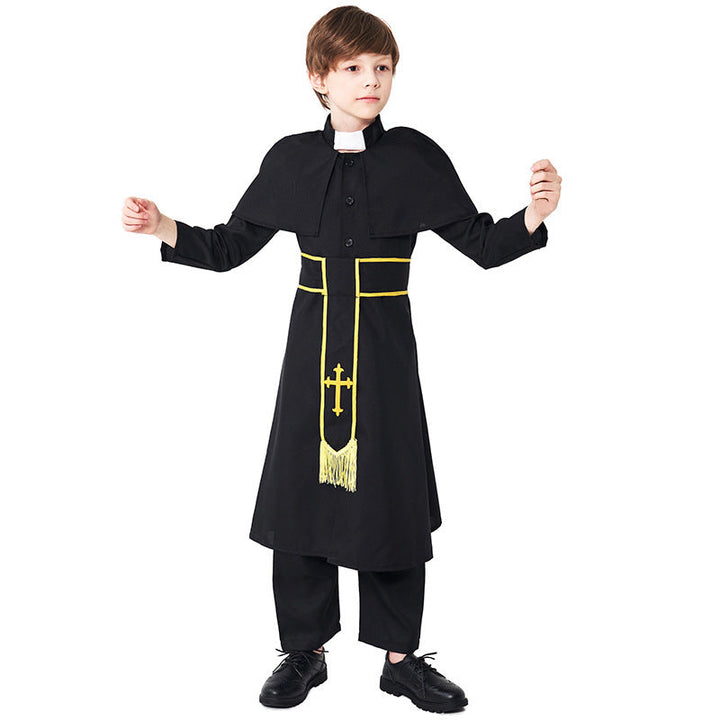 Men's Priest Costume with Cape and Golden Accessories Mune Fashion
