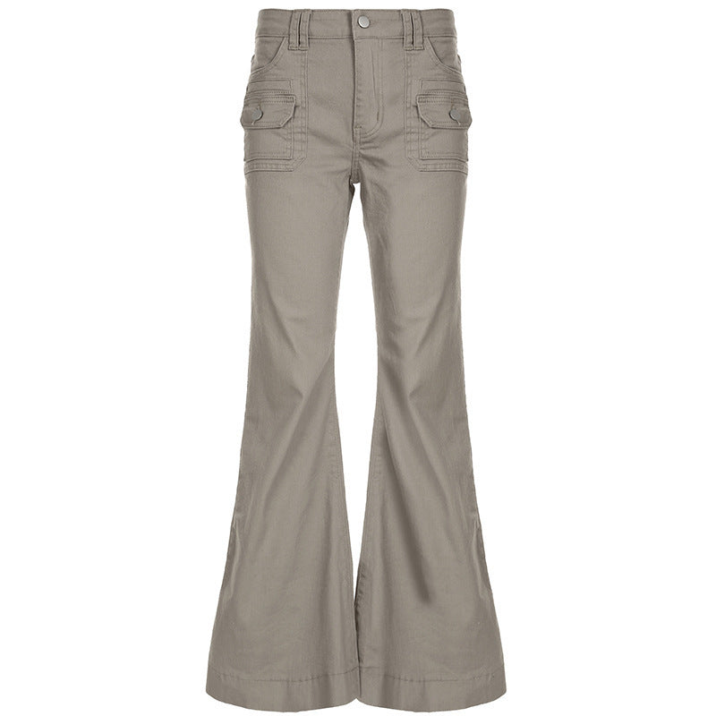 Women High-Waist Cargo-Flare Pants with Wide Leg and Patch Pockets Mune Fashion