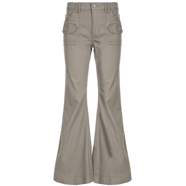 Women High-Waist Cargo-Flare Pants with Wide Leg and Patch Pockets Mune Fashion