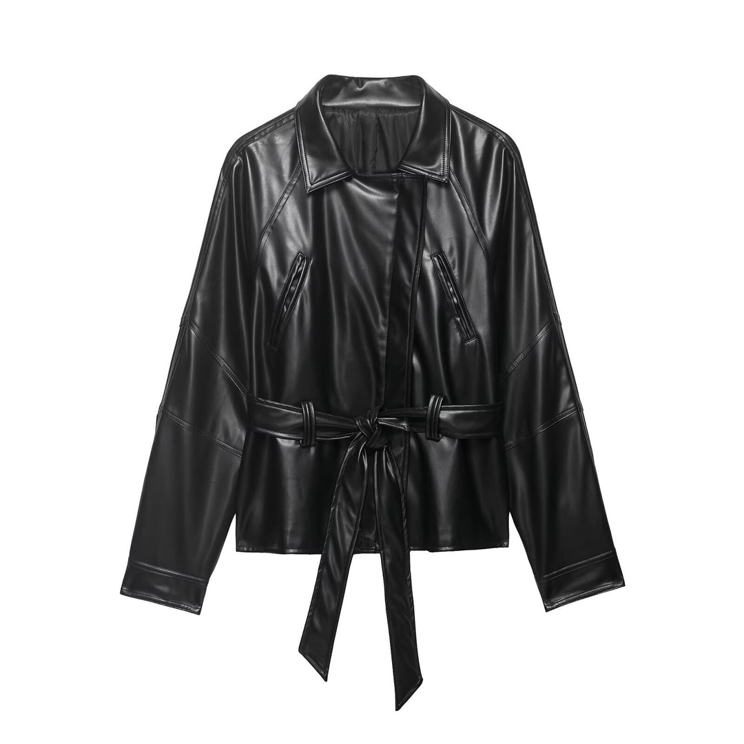 Women Short Leather Look Trench Coat with Waist Belt and Dolman Sleeves Mune Fashion