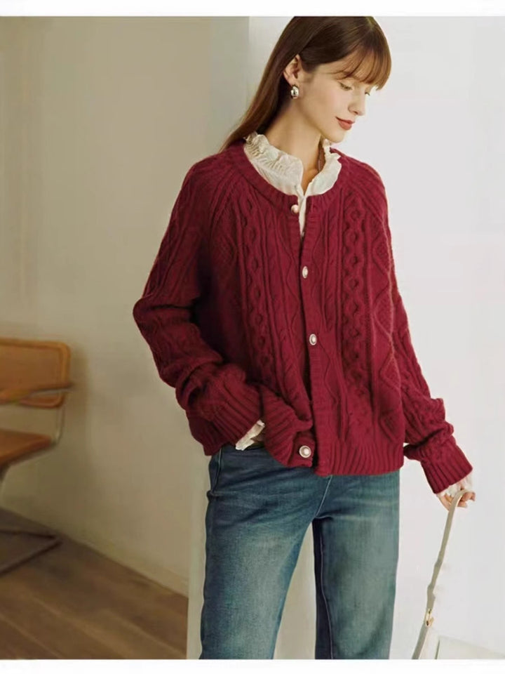 Ladies Cozy Braid and Diamond Knit Cardigan with Mother-of-Pearl Button Placket Mune Fashion