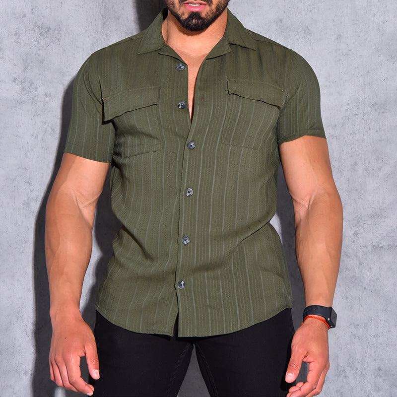 Men's Tailored Short Sleeve Shirt with Structure Stripes, Camp Collar and Chest Pockets Mune Fashion