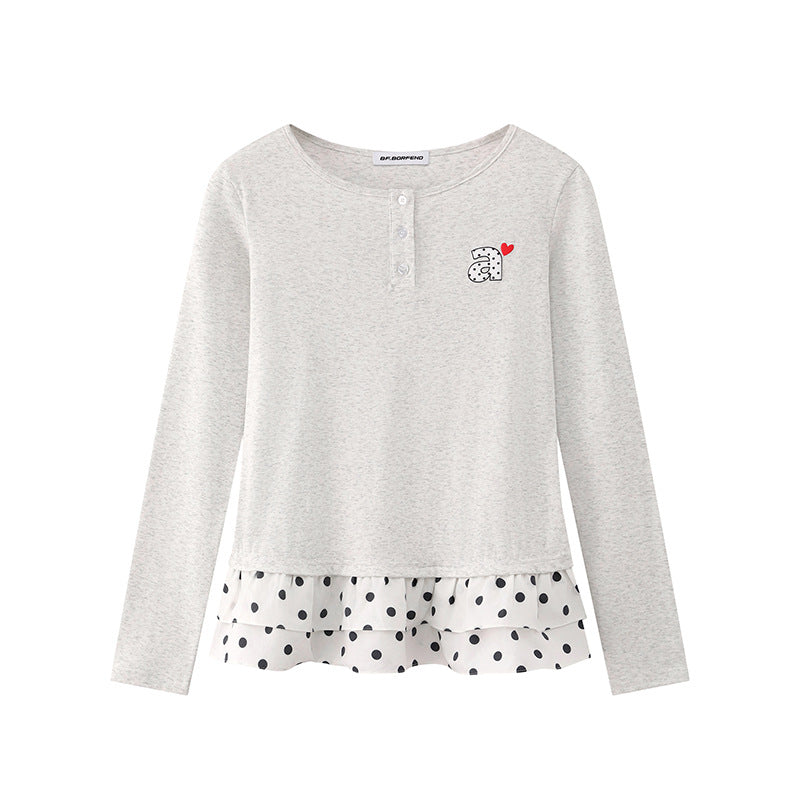 Women's Long Sleeve Henley Layering Top with Ruffle Underlay and Heart Patch Mune Fashion