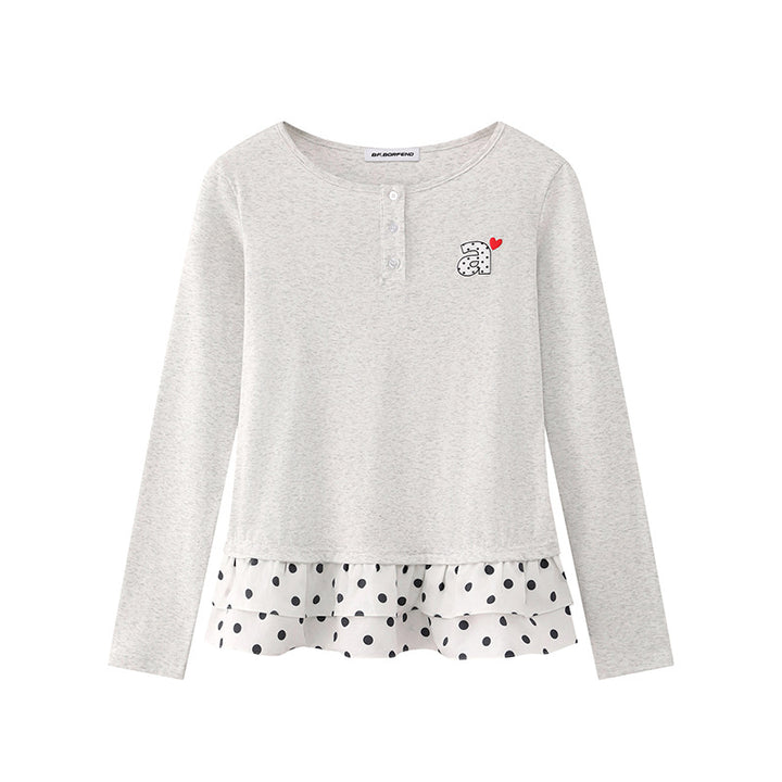 Women's Long Sleeve Henley Layering Top with Ruffle Underlay and Heart Patch Mune Fashion