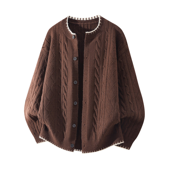 Women's Oversize Cable Knit Cardigan with Round Neck, Balloon Sleeves & Contrast Stitch Mune Fashion