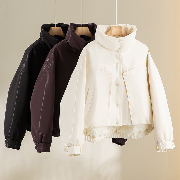 Women's Short Padded Jacket in Leather Look with High Stand-Up Collar and Gathered Hem Mune Fashion