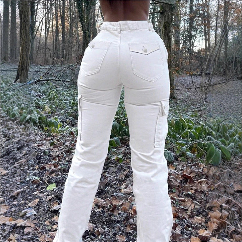 Women’s high-waisted cargo jeans with flared hem and functional flap pockets Mune Fashion