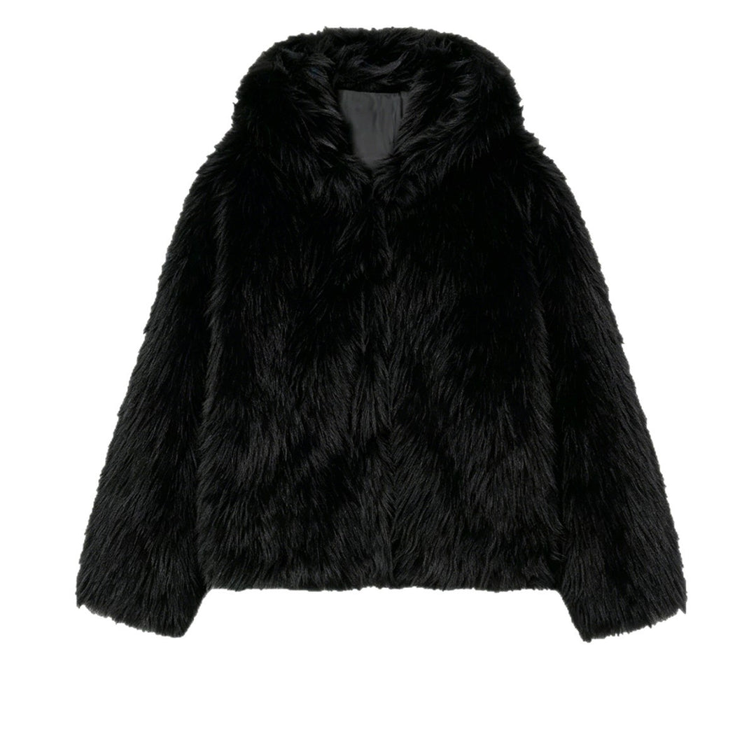 Women's Cropped Faux Fur Jacket with Hood, Dense Long Pile and Boxy Silhouette Mune Fashion