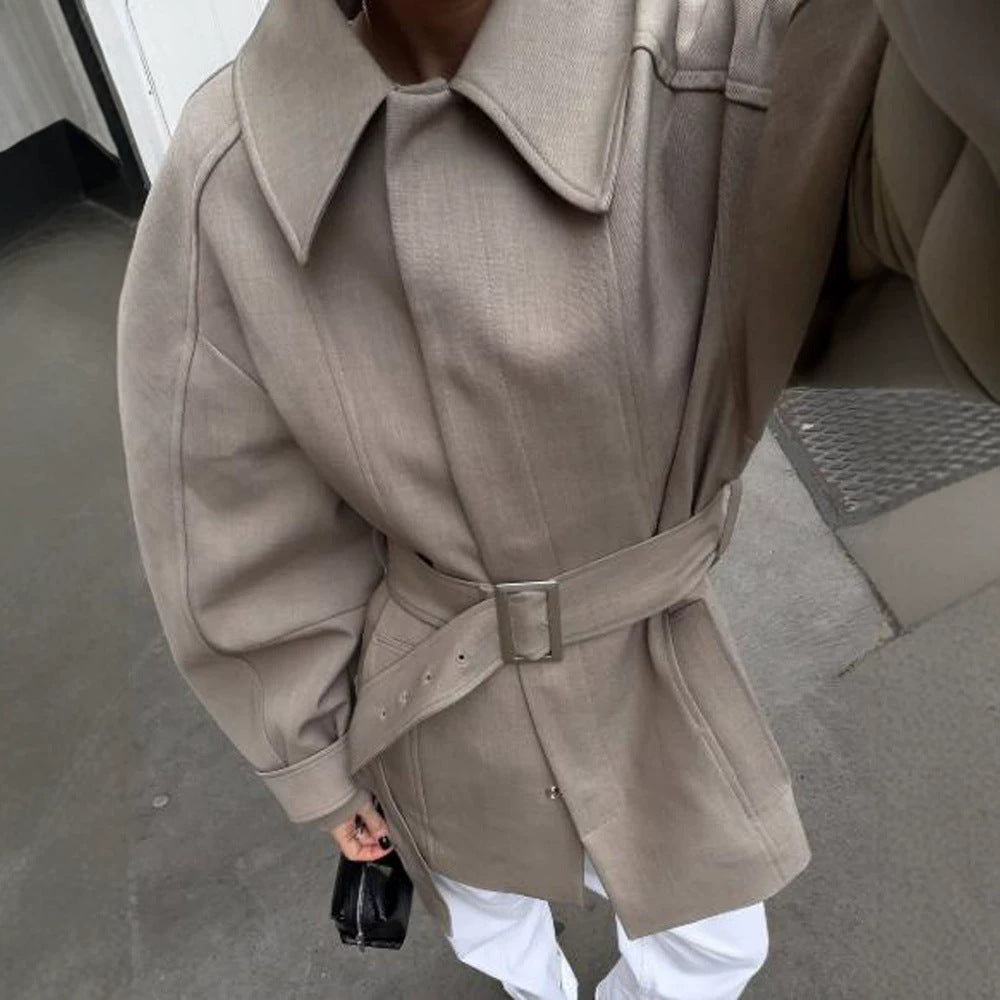 Women's Short Trench Coat with Waist Belt, Dropped Shoulder and Voluminous Balloon Sleeves Mune Fashion
