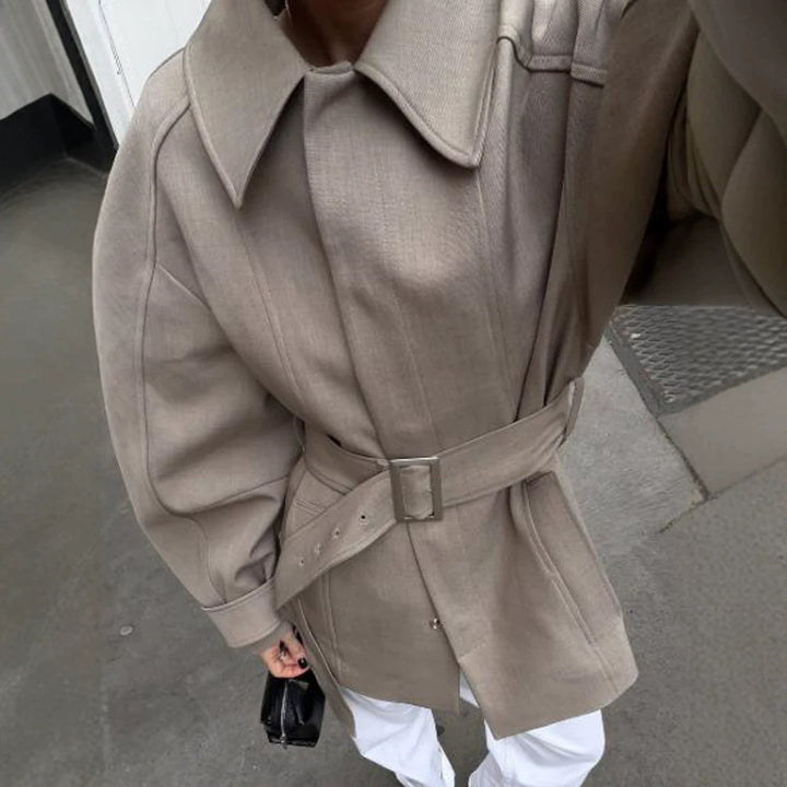 Women's Short Trench Coat with Waist Belt, Dropped Shoulder and Voluminous Balloon Sleeves Mune Fashion