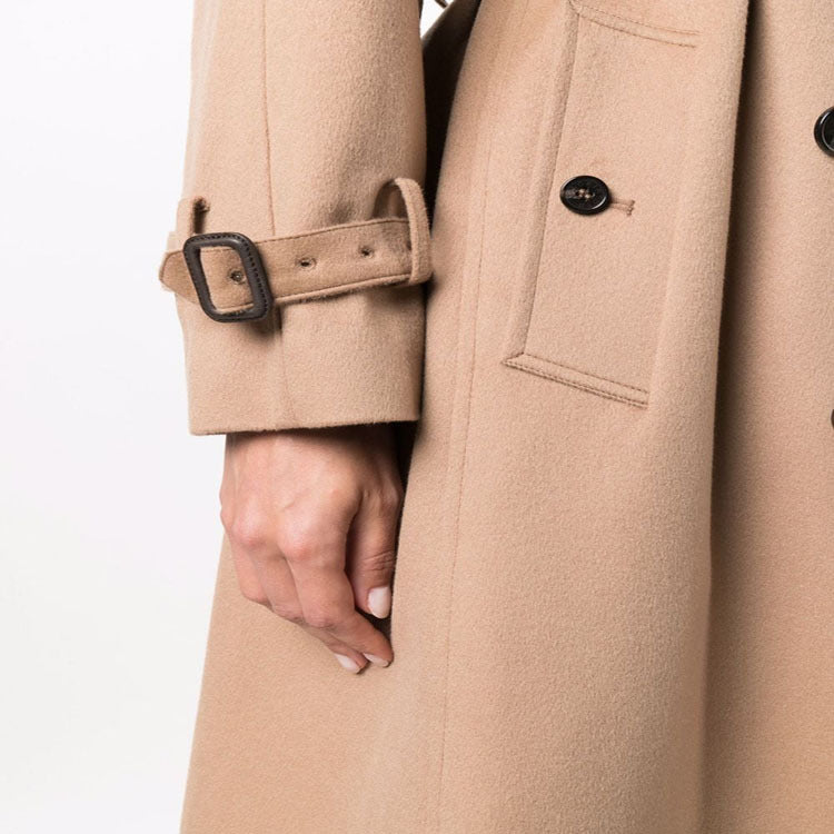 Women's Midi Length Wool Blend Trench Coat in Tailoring with Double Breasted, Waist Belt and Epaulettes Mune Fashion