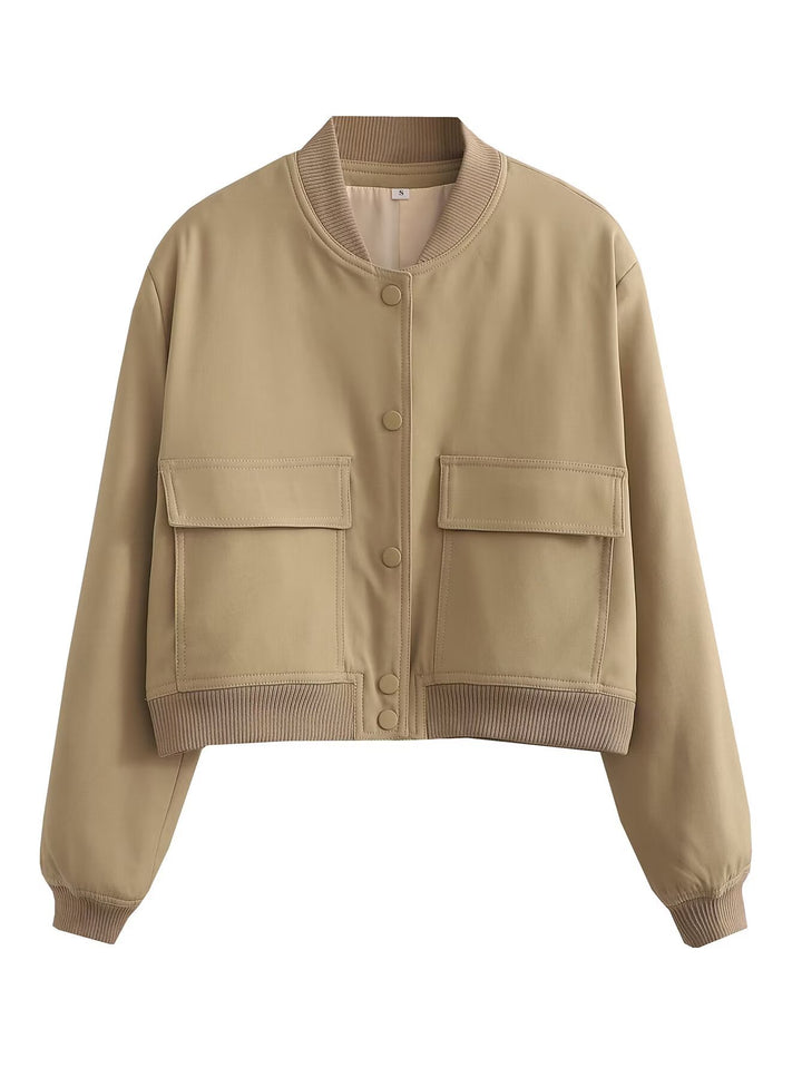 Women’s short cut bomber jacket in boxy fit with large flap pockets and ribbed hem Mune Fashion