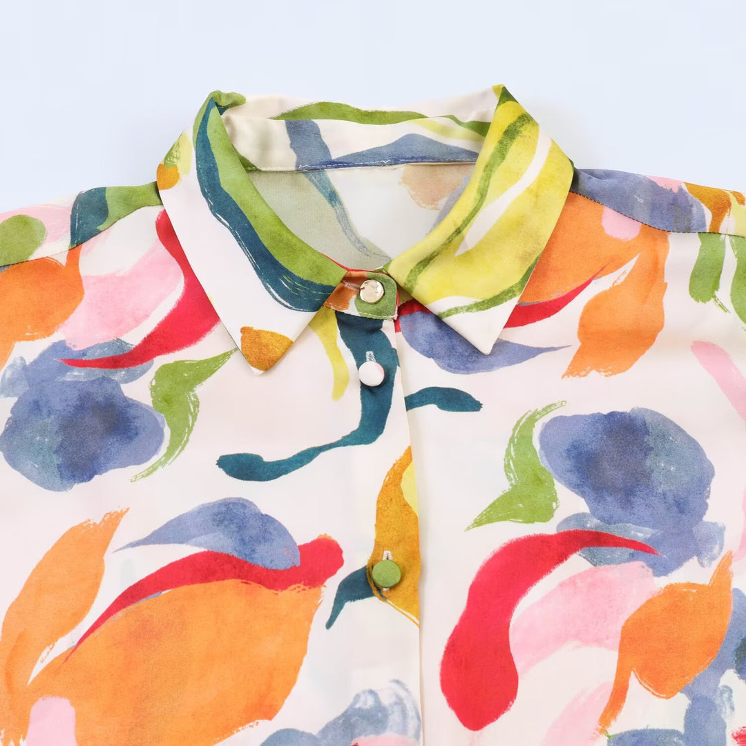 Women's Printed Oversized Blouse with Shirt Collar and Pearl Buttons Mune Fashion