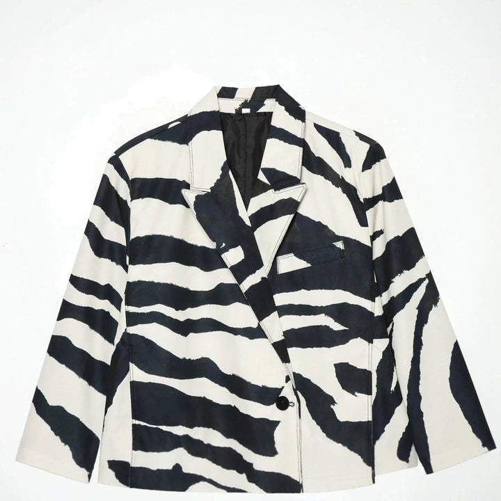 Women's Oversized Blazer with Zebra Print, Draped Lapels and Patch Pockets Mune Fashion