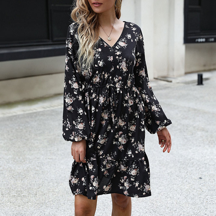 Women's Casual Tiered Midi Dress with V-Neck, Drawstring Waist and Long Ruffled Sleeves Mune Fashion