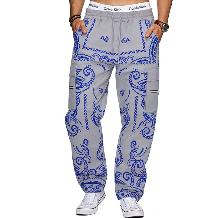 Men's Cargo Jogging Pants with Paisley Pattern, Elastic Waistband, Multiple Zipper and Flap Pockets Mune Fashion