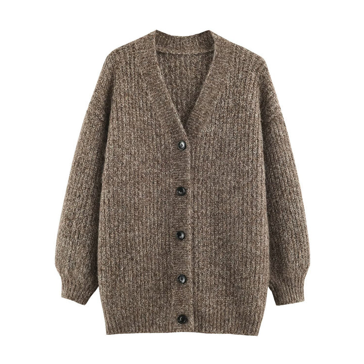 Women Oversized Chunky Knit Cardigan with Deep V-Neck, Ribbed Texture and Balloon Sleeves Mune Fashion