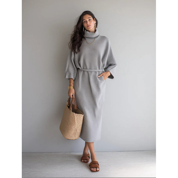 Women's midi dress made of ribbed knit with roll neck, tie belt and side pockets Mune Fashion