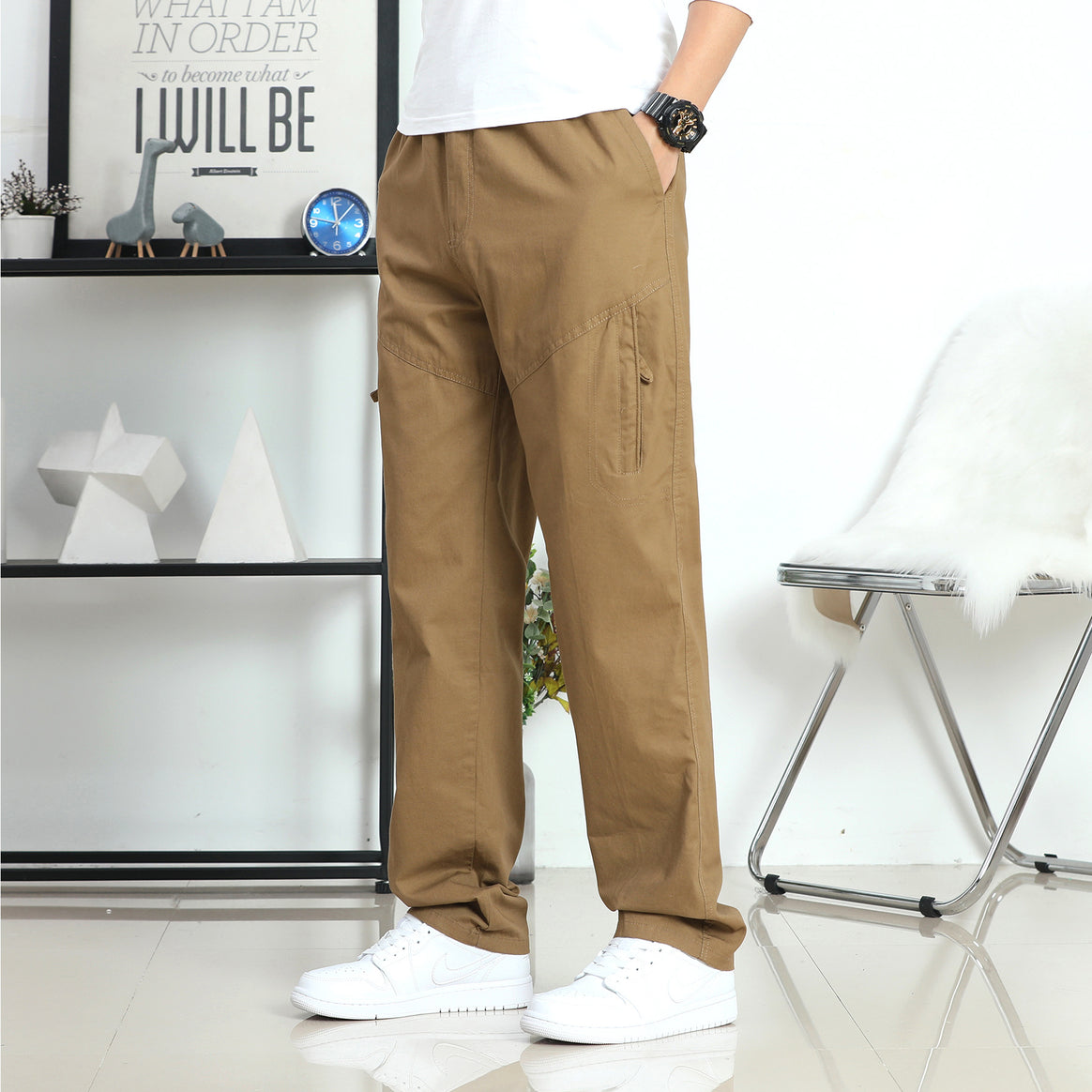 Men's Wide Utility Cargo Pants with Elastic Waistband, Side Zipper Pocket & Pre-Shaped Knee Inserts Mune Fashion