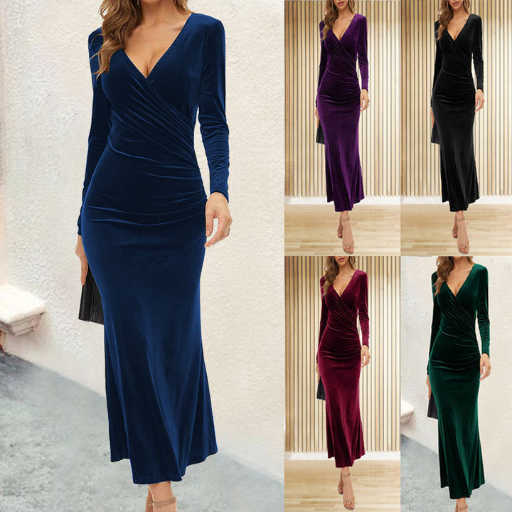 Women's Figure-hugging Velvet Maxi Dress with Wrap Top and Long Sleeves Mune Fashion