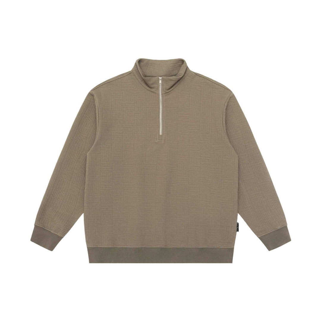 Unisex Structured Waffle Knit Half Zip Sweater with Stand-Up Collar and Ribbed Cuffs Mune Fashion