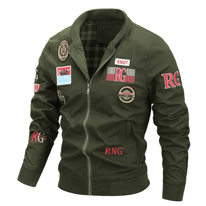Men's Canvas Bomber Jacket with Vintage Patch Details and Ribbed Cuffs Mune Fashion