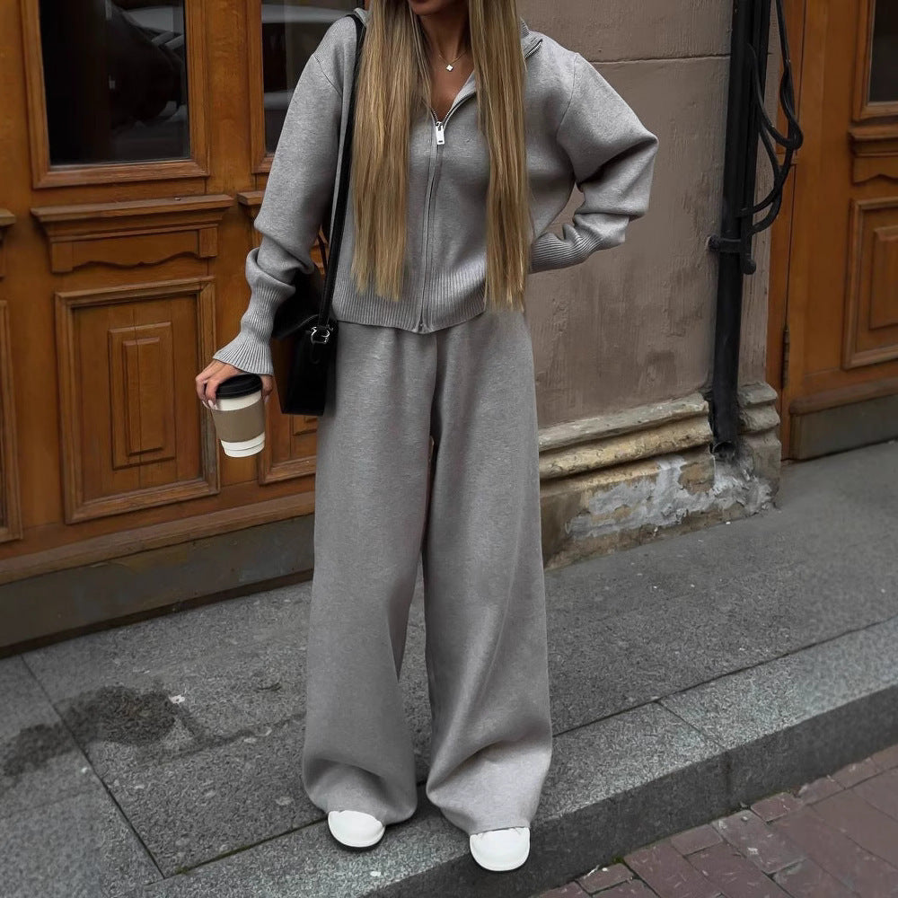 Women knitted loungewear two-piece with short zip cardigan and wide high waist pant leg Mune Fashion