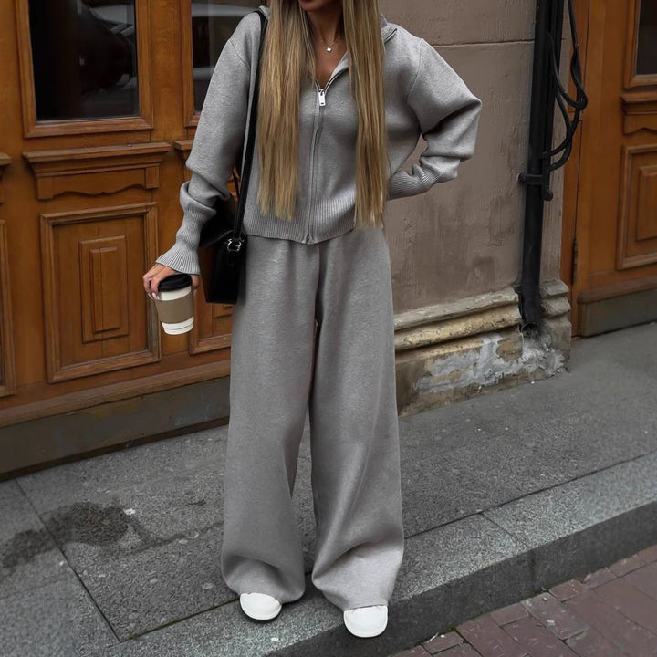 Women knitted loungewear two-piece with short zip cardigan and wide high waist pant leg Mune Fashion