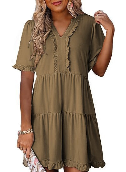 Women's lightweight swing dress with V-neck, tiered skirt and delicate ruffles Mune Fashion