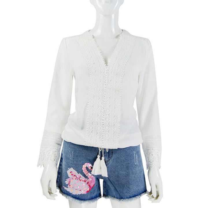 Women's Boho Lace Blouse with V-Neck, Crochet Trim & Tassel Drawstring Mune Fashion