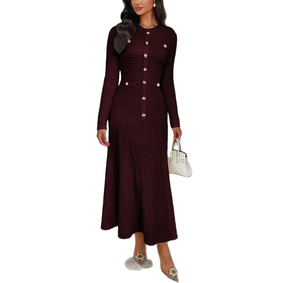 Women's fitted maxi knitted dress with button placket and decorative buttons Mune Fashion