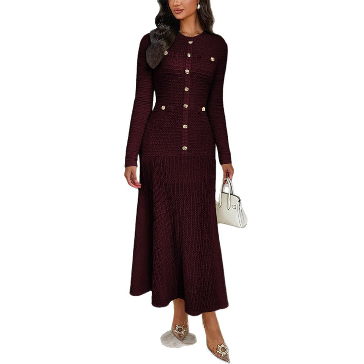 Women's fitted maxi knitted dress with button placket and decorative buttons Mune Fashion