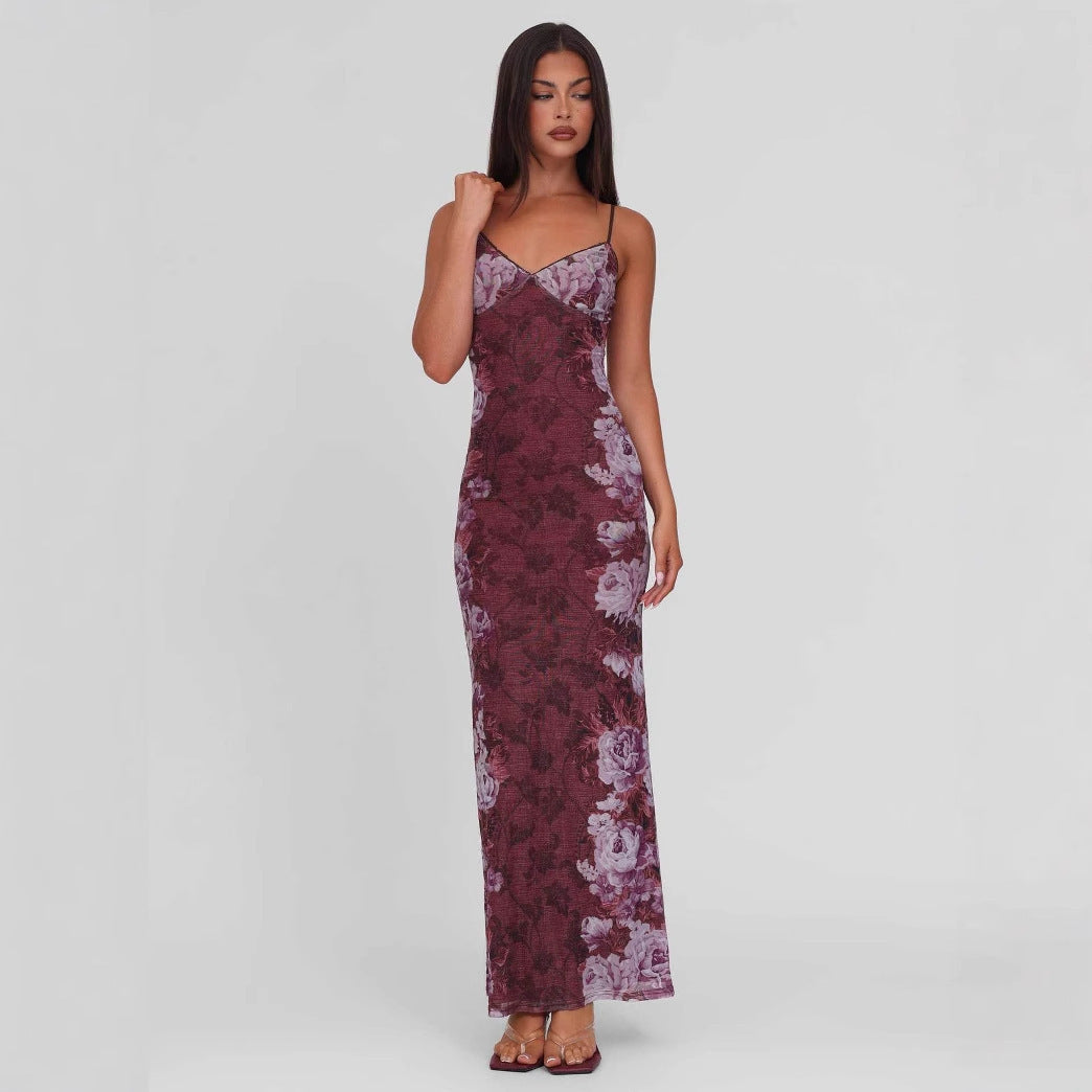 Women's body-hugging slip maxi dress with spaghetti straps, bodice seam, and floral-baroque digital print Mune Fashion