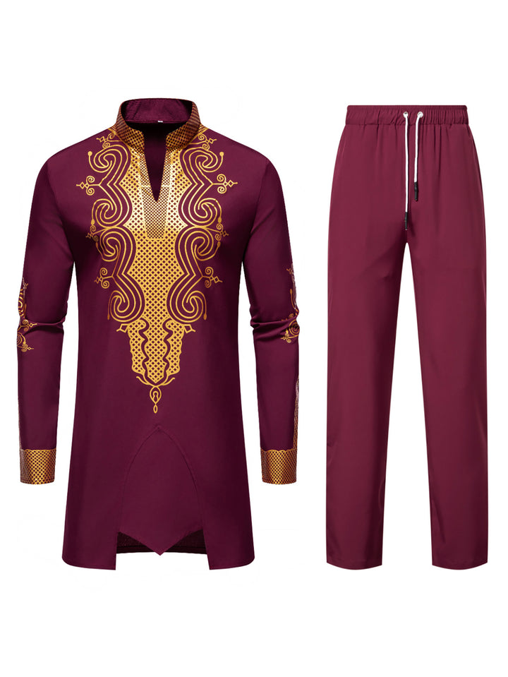 Men's Traditional Embroidered Tunic Set with Mandarin Collar and Elastic Pants Mune Fashion
