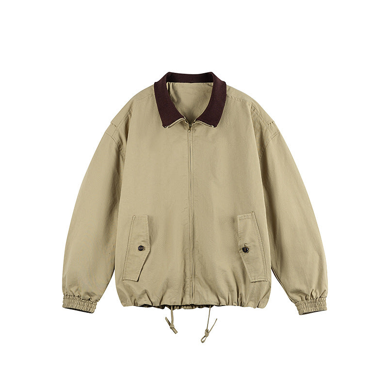 Men's Boxy Zip Transition Jacket made of durable canvas with contrasting knit collar, drawstring and flap pockets Mune Fashion