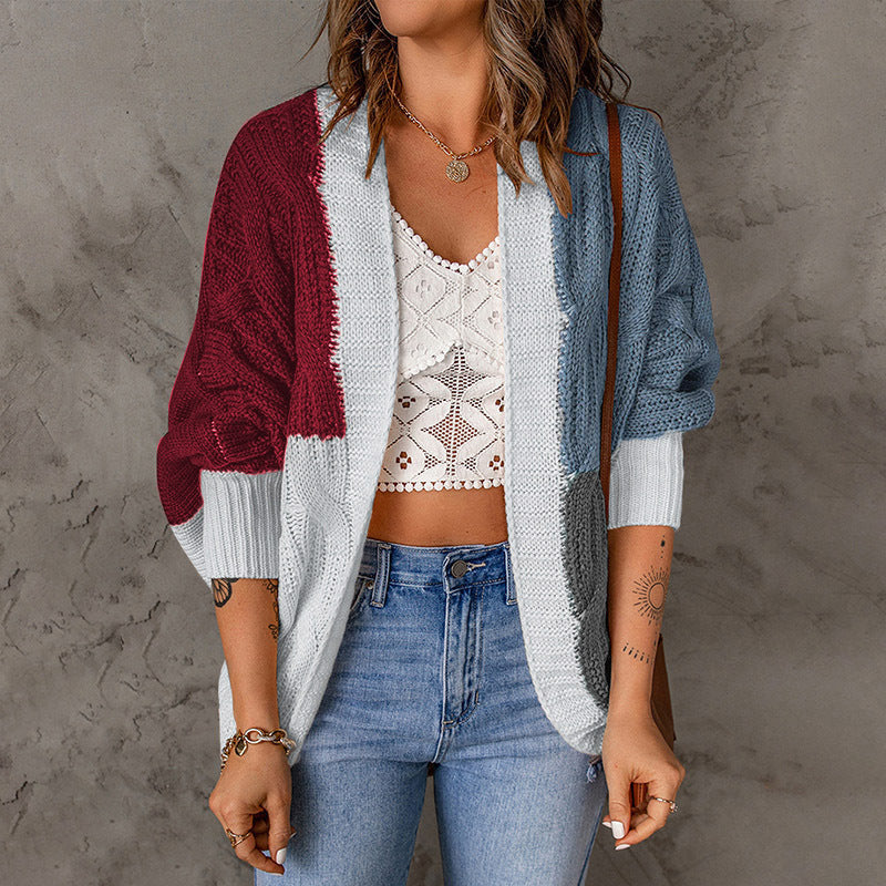 Women's casual cardigan in patchwork style with open front and 3/4 sleeves Mune Fashion
