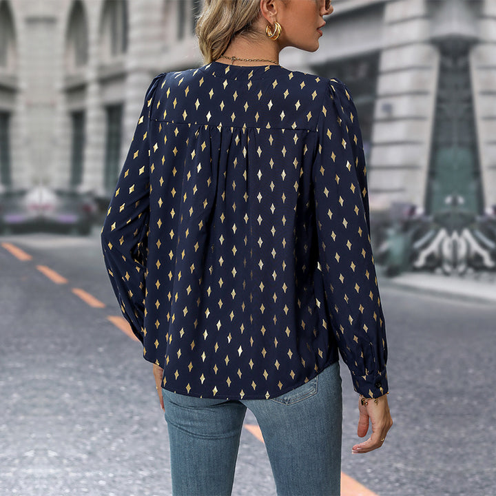 Women's loosely falling viscose fine blouse with stand-up collar, V-neck and balloon sleeves Mune Fashion