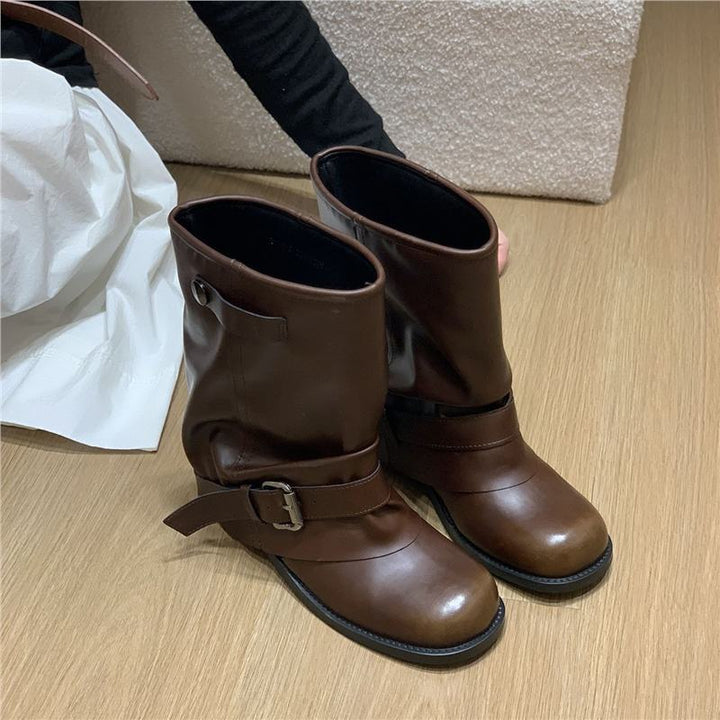 Women's Slouchy Biker Ankle Boots with Adjustable Buckle Strap and Round Toe Shape Mune Fashion
