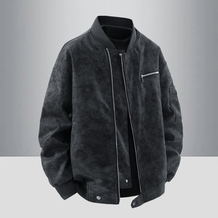 Men's Suede Look Bomber Jacket with Full Zip, Rib Collar and Utility Pockets Mune Fashion