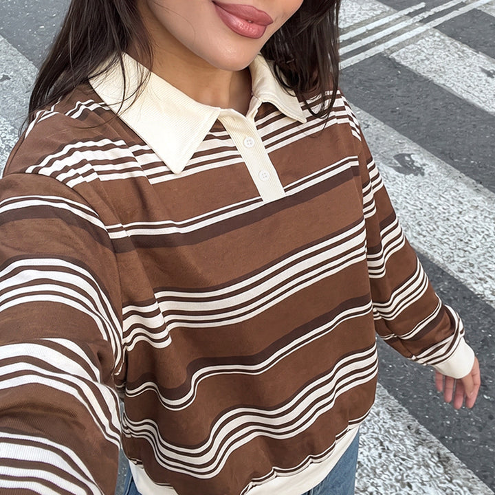 Women Casual Polo Sweater with Stripes Mune Fashion