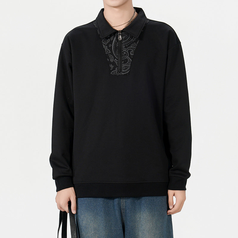 Men's Loose Sweatshirt with Polo Collar, Half Zipper and Paisley Trimming Mune Fashion