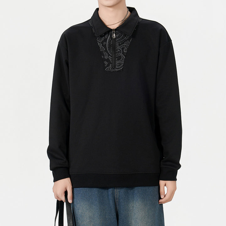 Men's Loose Sweatshirt with Polo Collar, Half Zipper and Paisley Trimming Mune Fashion
