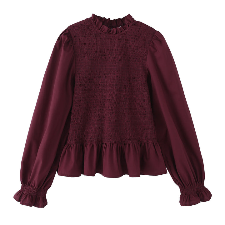 Women 10+ lightweight smock blouse shirt with ruffle collar, balloon sleeves and peplum Mune Fashion