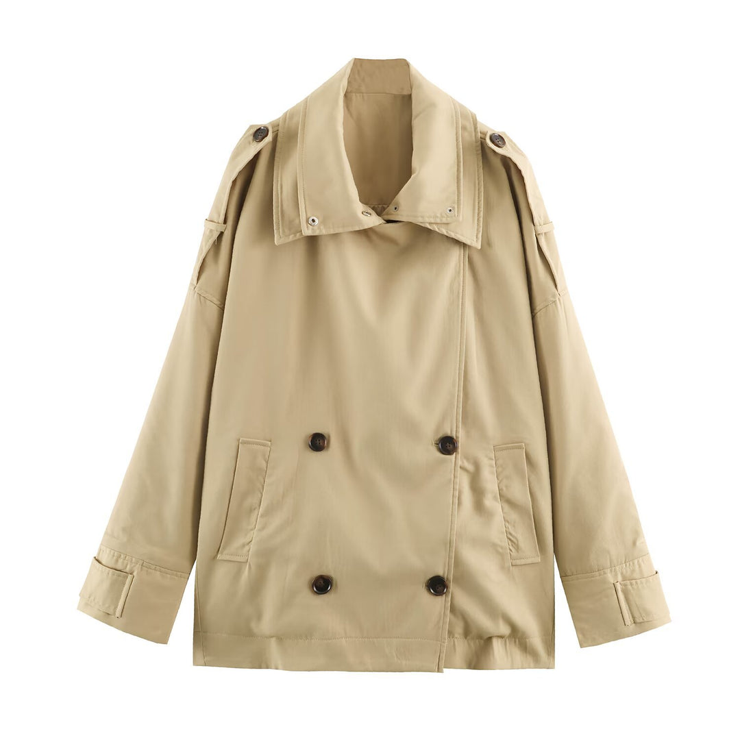 Women's short trench coat in oversized cut with double button placket and shoulder straps Mune Fashion
