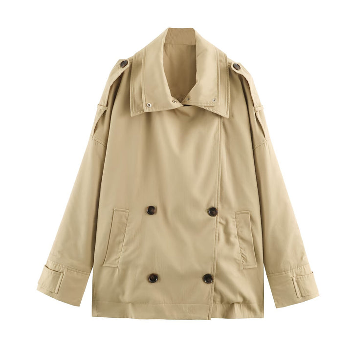 Women's short trench coat in oversized cut with double button placket and shoulder straps Mune Fashion