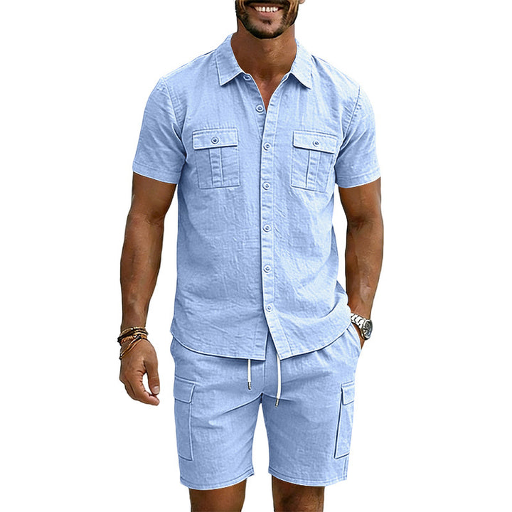 Men's summer short-sleeve shirt and cargo bermuda set made of linen blend with chest pockets and drawstring waistband Mune Fashion