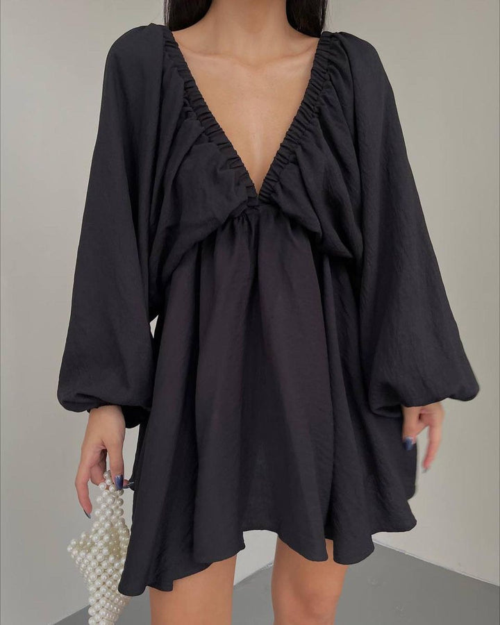 Women Loose Mini Dress with Deep V-Neck and Balloon Sleeves Mune Fashion