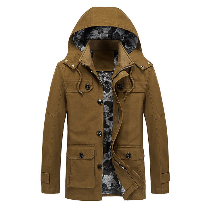 Men's mid-length canvas field jacket with hood, cargo pockets and camouflage lining Mune Fashion