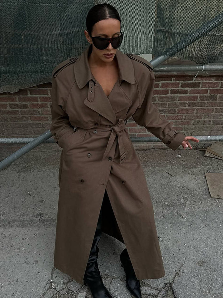 Women's Maxi Length Trench Coat with Emphasized Shoulder Section, Double Button Placket and Tie Belt Mune Fashion